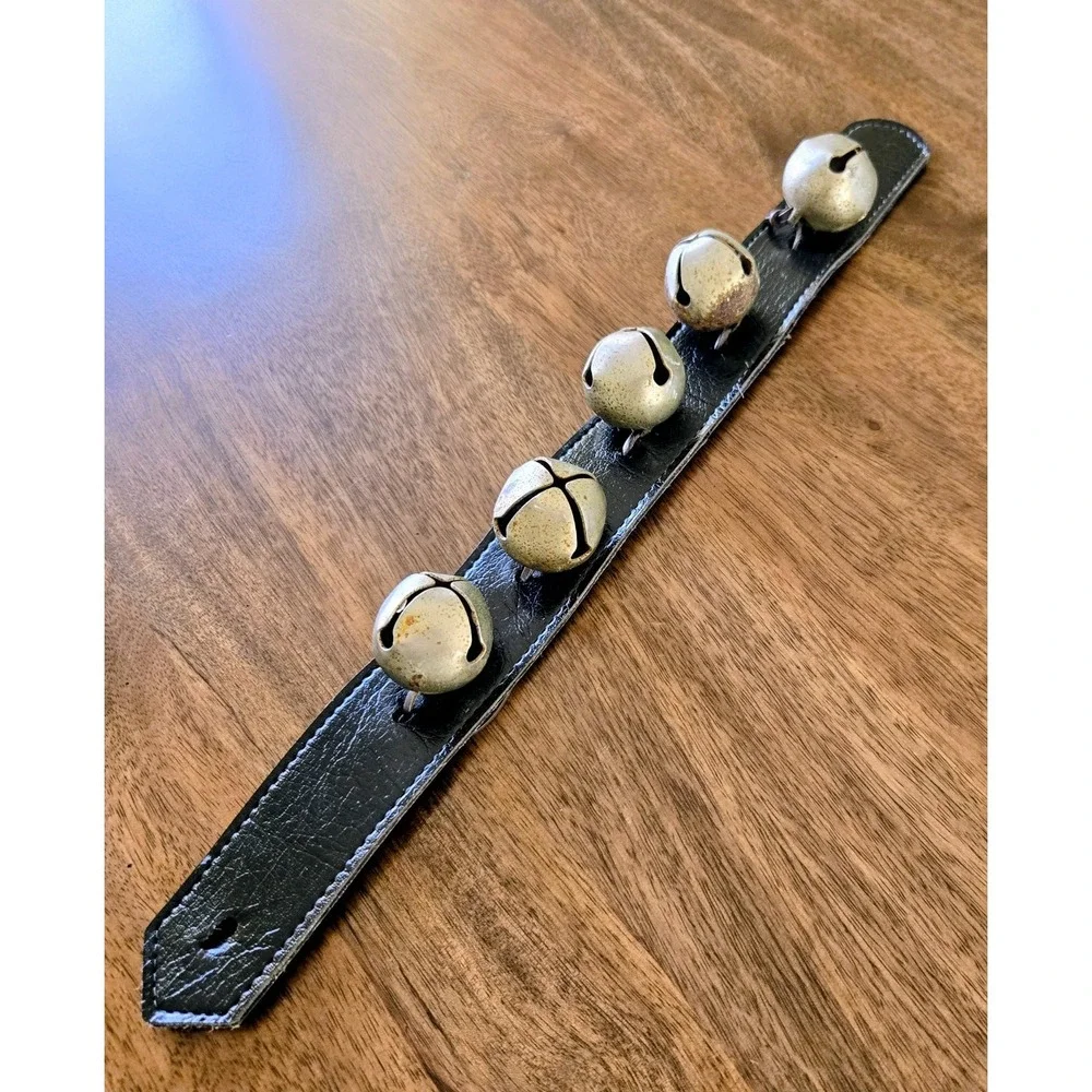 Vintage Five Silver Tone Sleigh Bells On Dark Brown Strap/Door Hanger Decoration